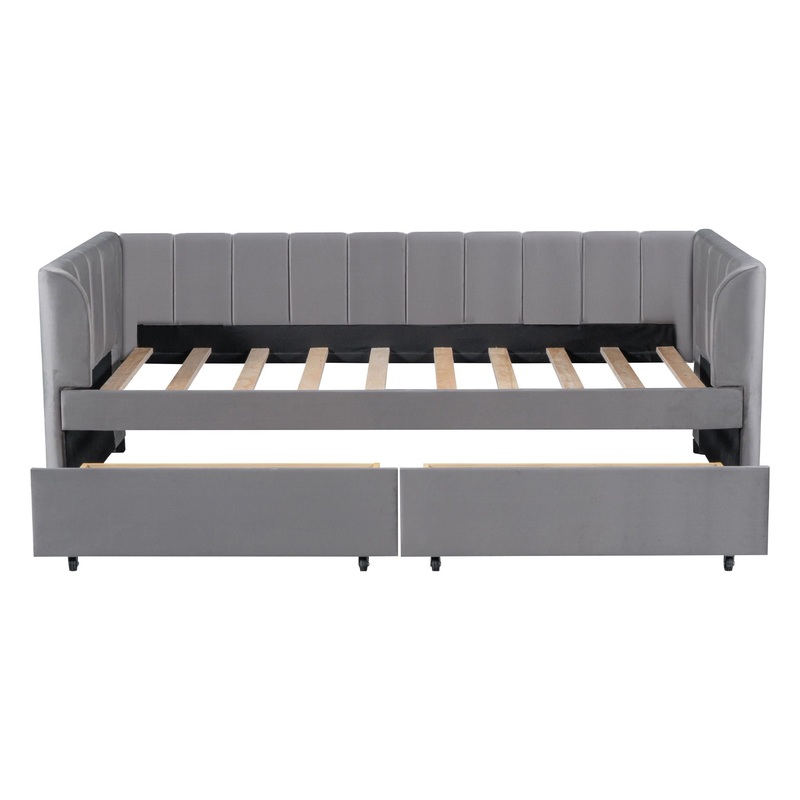 Twin Size Upholstered Daybed With Ergonomic Design Backrest And 2 Drawers – Gray