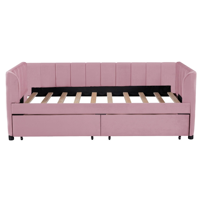 Twin Size Upholstered Daybed With Ergonomic Design Backrest And 2 Drawers – Pink