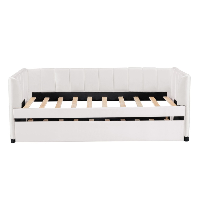 Twin Size Upholstered Daybed With Ergonomic Design Backrest And Trundle – Beige