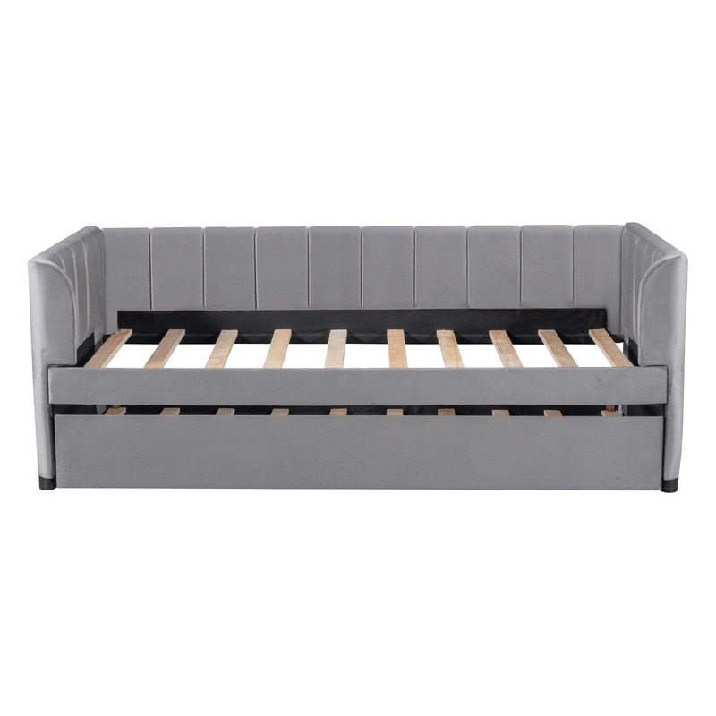 Twin Size Upholstered Daybed With Ergonomic Design Backrest And Trundle – Gray