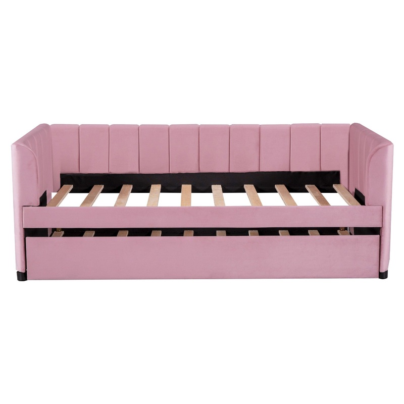 Twin Size Upholstered Daybed With Ergonomic Design Backrest And Trundle – Pink