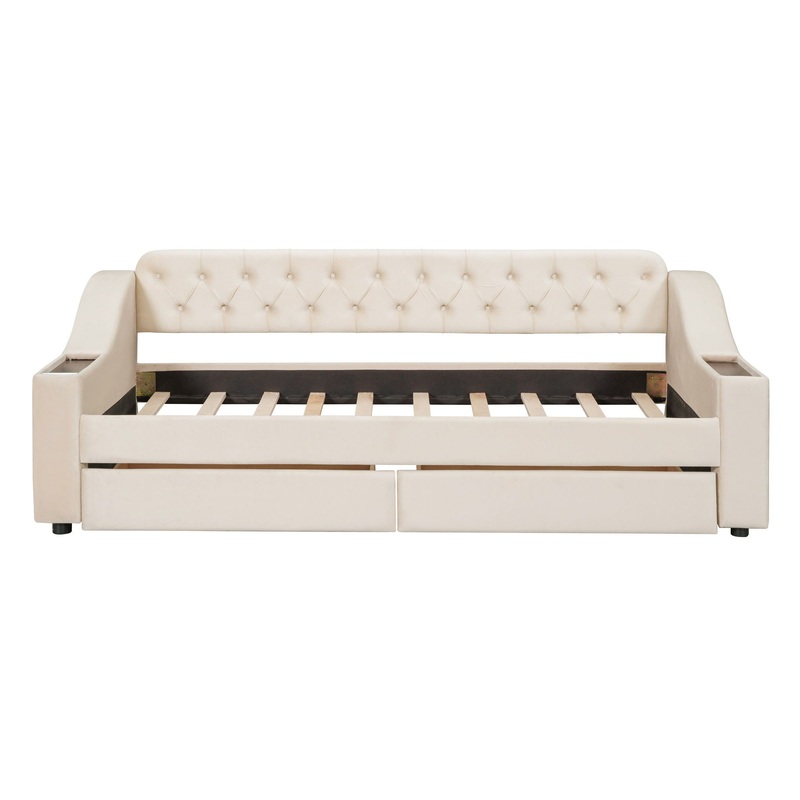 Twin Size Upholstered Daybed With Storage Armrests And USB Port – Beige