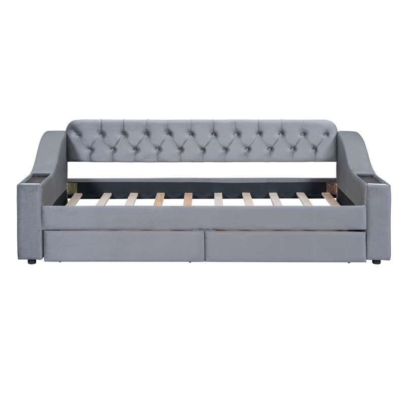 Twin Size Upholstered Daybed With Storage Armrests And USB Port – Gray