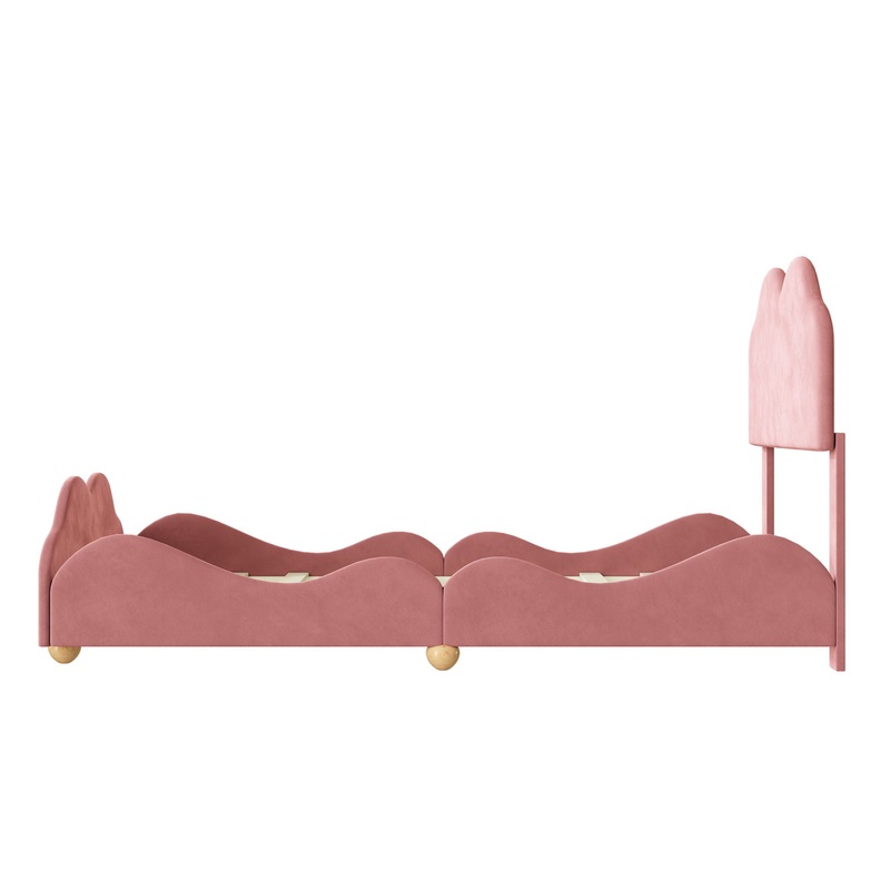 Twin Size Upholstered Platform Bed With Cloud Shaped Board – Dark Pink