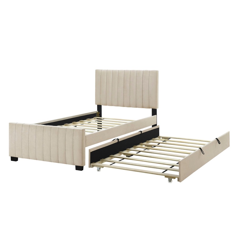 Twin Size Upholstered Platform Bed With Twin Size Trundle – Beige