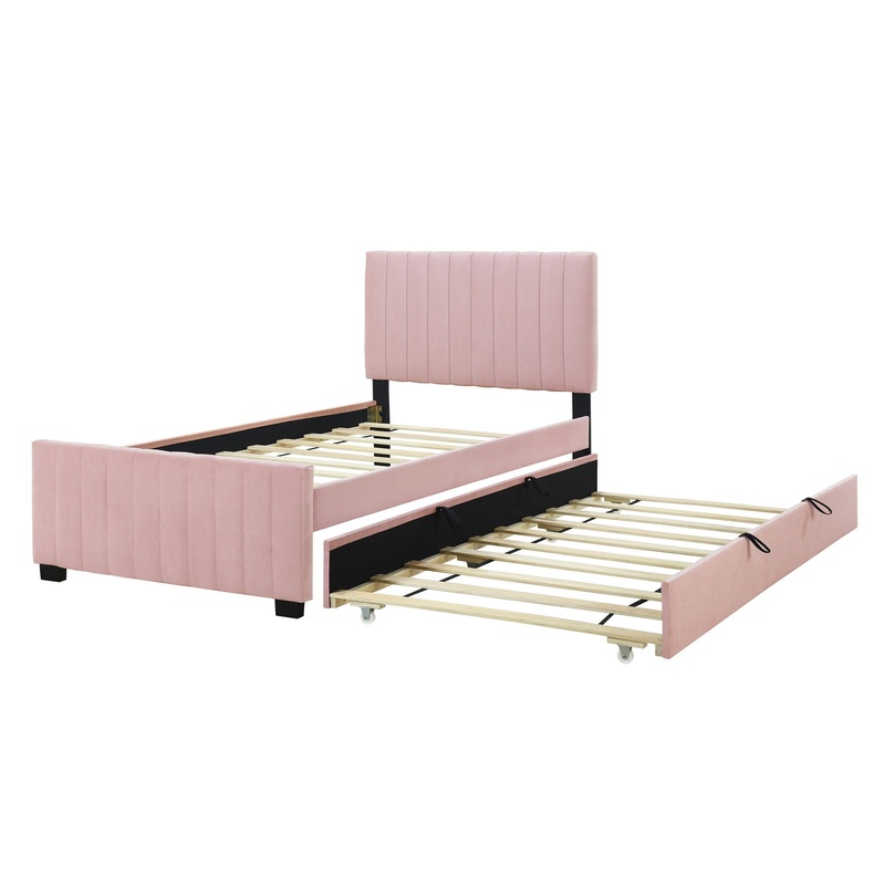 Twin Size Upholstered Platform Bed With Twin Size Trundle – Pink