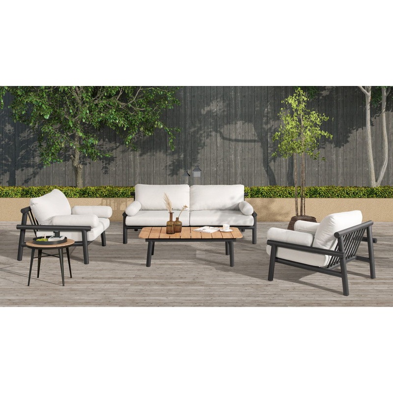 Zara – Dowel Frame Patio Coffee Table With Teak Top – Black / Natural / Teak