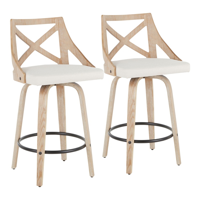 Charlotte – Farmhouse Fixed Height Counter Stool With Swivel (Set of 2) – White Washed / Cream