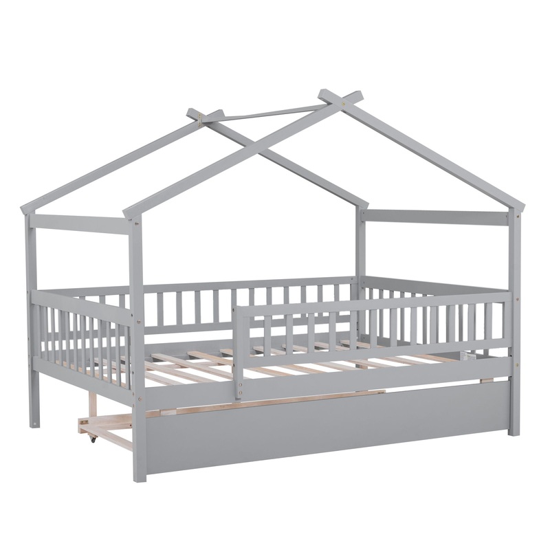 Full Size House Bed With Twin Size Trundle – Gray