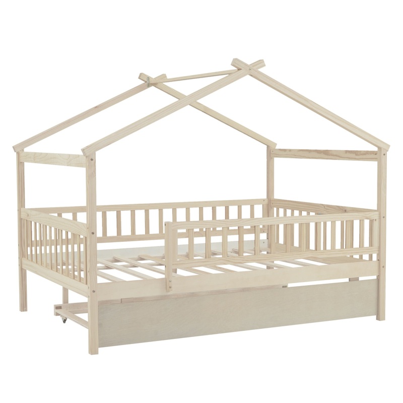 Full Size House Bed With Twin Size Trundle – Natural