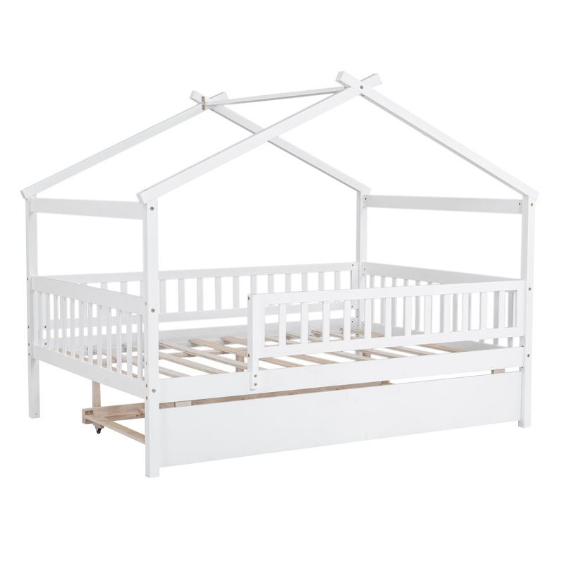 Full Size House Bed With Twin Size Trundle – White