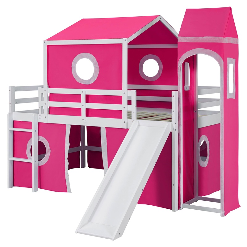 Full Size Loft Bed & Slide Tent And Tower – Pink