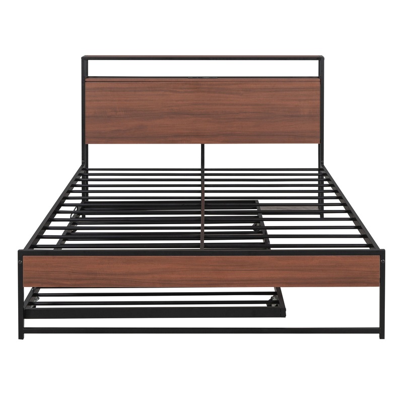 Full Size Platform Bed Frame With Trundle, USB Ports And Slat Support,No Box Spring Needed – Black