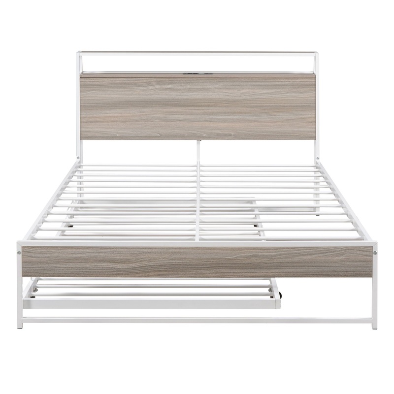 Full Size Platform Bed Frame With Trundle, USB Ports And Slat Support, No Box Spring Needed – White
