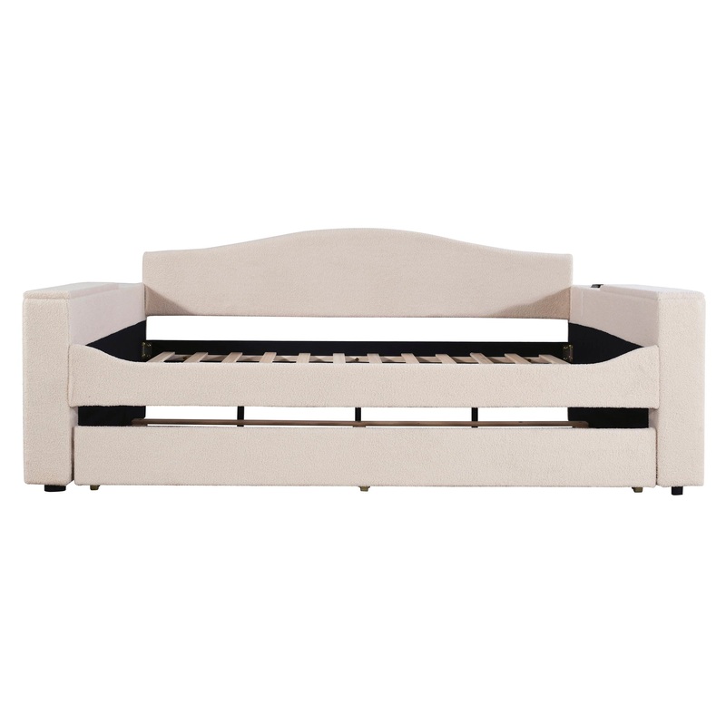 Full Size Upholstered Daybed With Storage Armrests, Trundle And Latest Integrated Bluetooth Audio System, Teddy Fleece – Beige