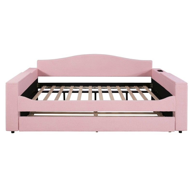 Full Size Upholstered Daybed With Storage Armrests, Trundle And Latest Integrated Bluetooth Audio System, Teddy Fleece – Pink