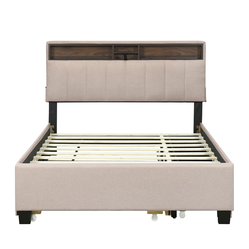 Full Size Upholstered Platform Bed With Storage Headboard, Twin Size Trundle & 2 Drawers And A Set Of Sockets & USB Ports – Beige