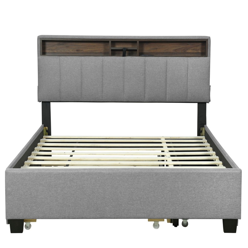 Full Size Upholstered Platform Bed With Storage Headboard, Twin Size Trundle & 2 Drawers And A Set Of Sockets & USB Ports – Gray
