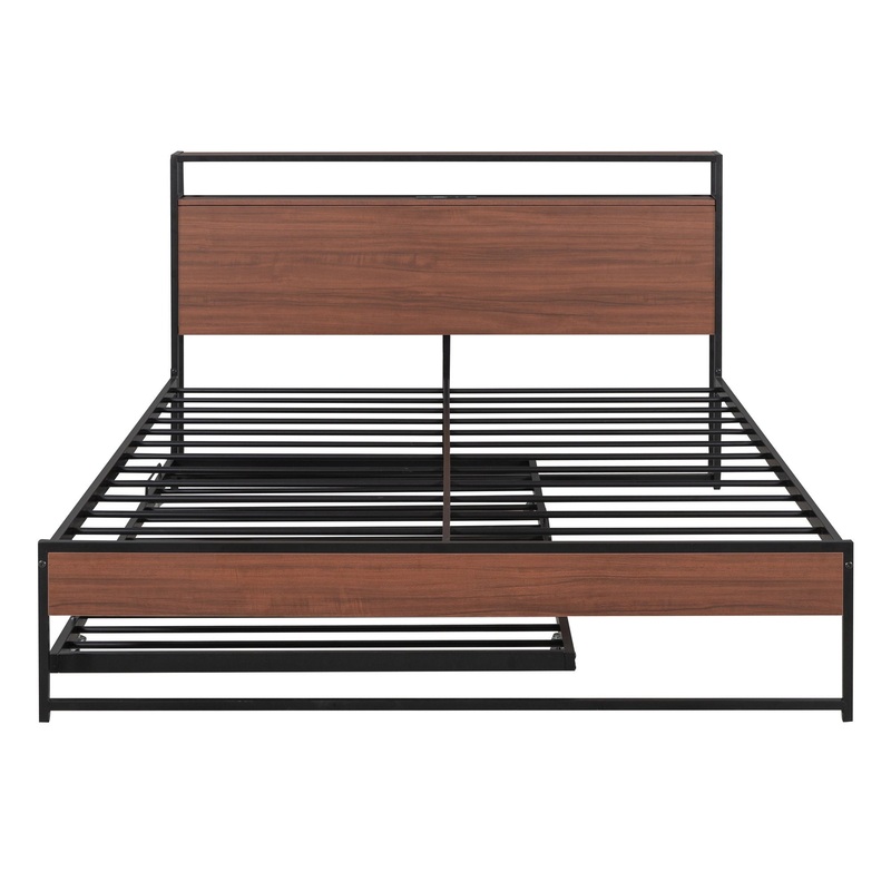 Queen Size Platform Bed Frame With Trundle, USB Ports And Slat Support, No Box Spring Needed – Black