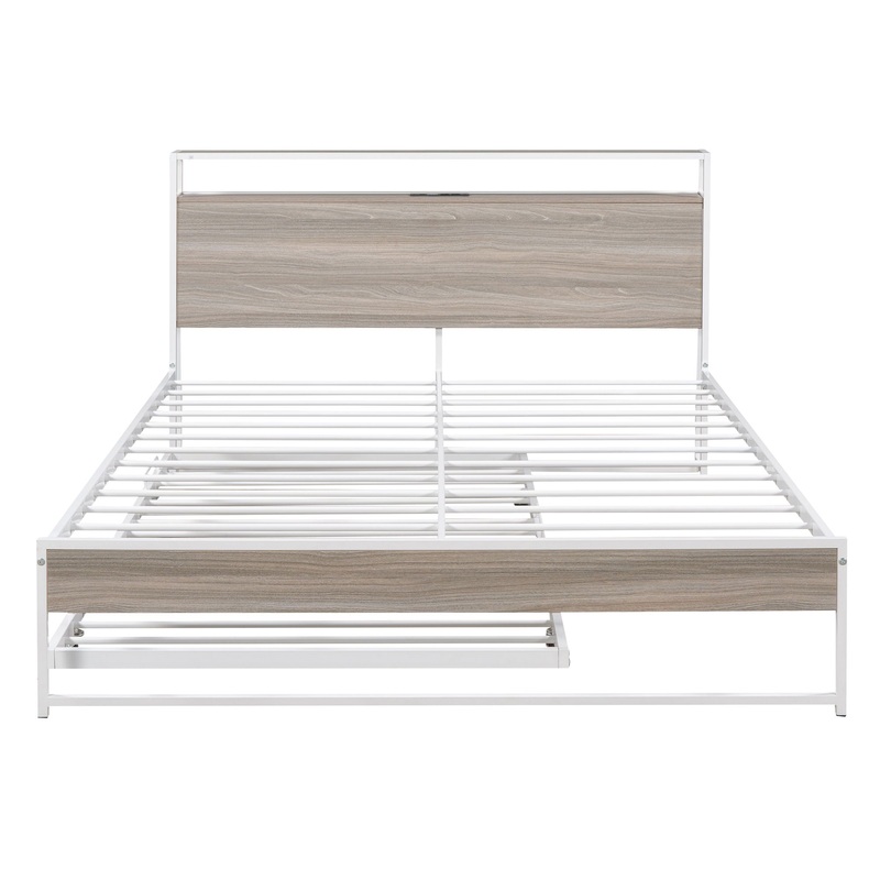 Queen Size Platform Bed Frame With Trundle, USB Ports And Slat Support, No Box Spring Needed – White