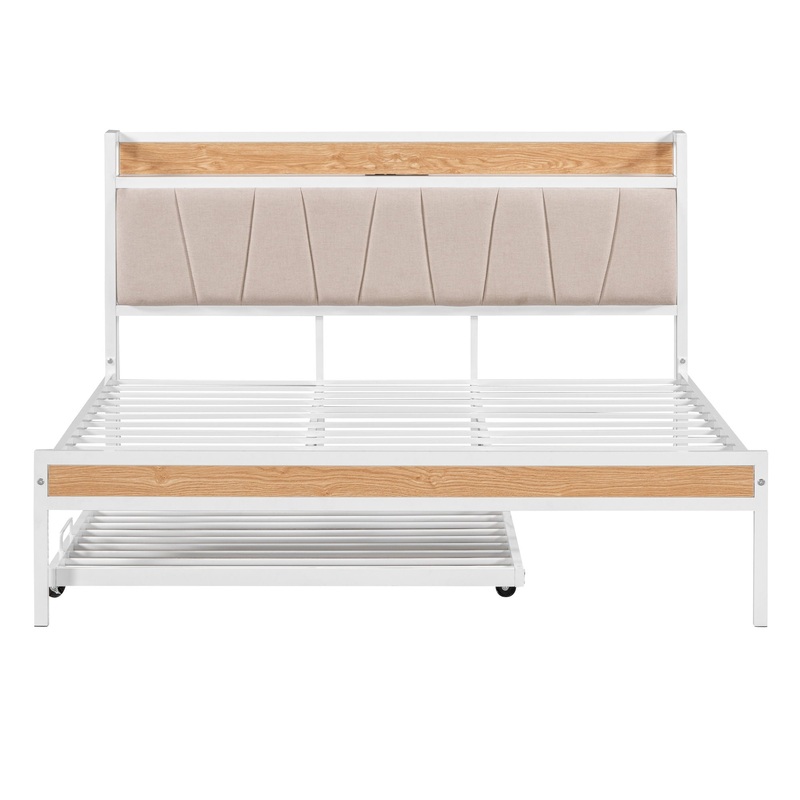 Queen Size Platform Bed Frame With Twin Size Trundle, Upholstered Headboard, Sockets, USB Ports And Slat Support, No Box Spring Needed – Black