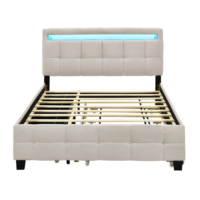 Queen Size Upholstered Platform Bed With LED Frame, With Twin Long Size Trundle And 2 Drawers – Beige