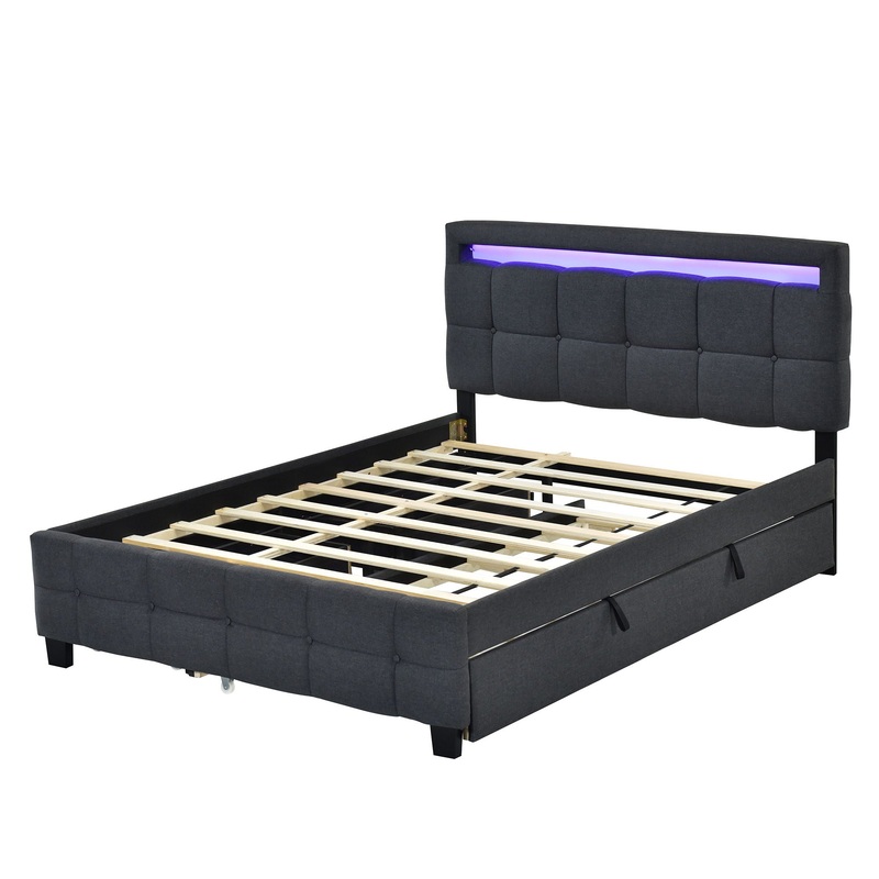 Queen Size Upholstered Platform Bed With LED Frame, With Twin Long Size Trundle And 2 Drawers – Gray