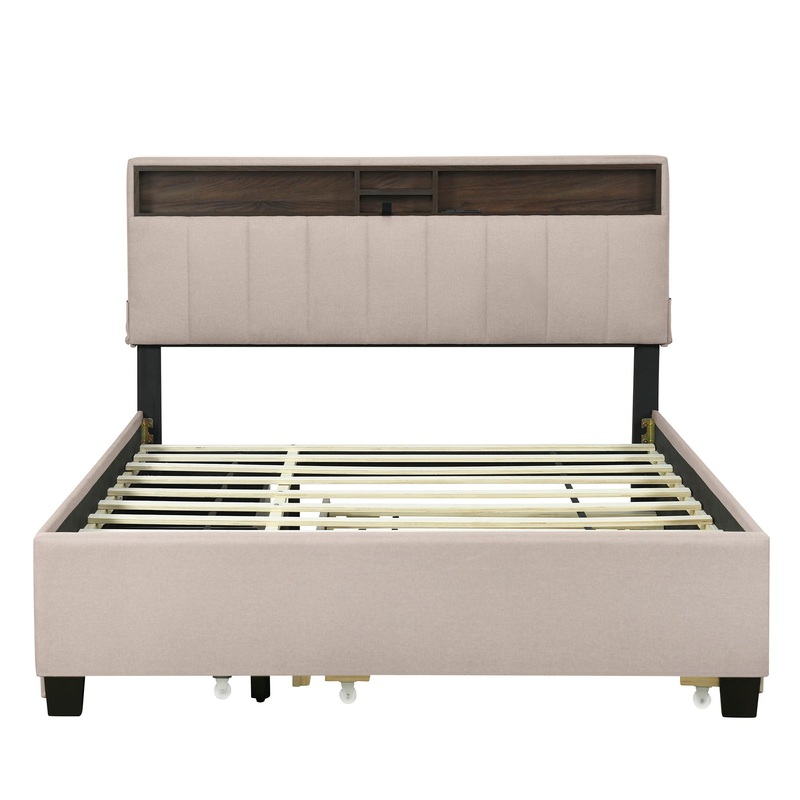 Queen Size Upholstered Platform Bed With Storage Headboard, Twin Long Size Trundle & 2 Drawers And A Set Of Sockets & USB Ports – Beige