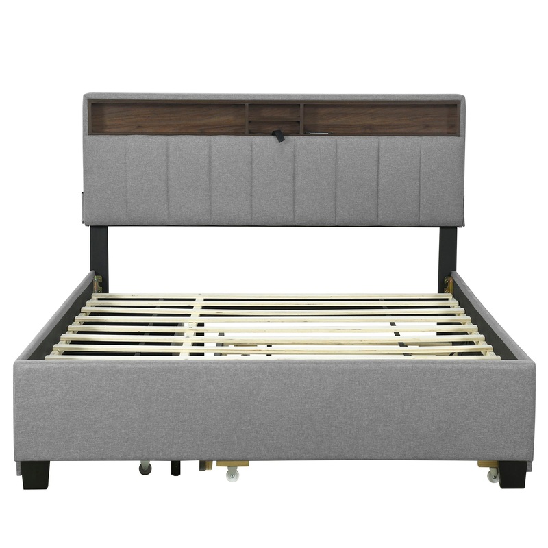 Queen Size Upholstered Platform Bed With Storage Headboard, Twin Long Size Trundle & 2 Drawers And A Set Of Sockets & USB Ports – Gray