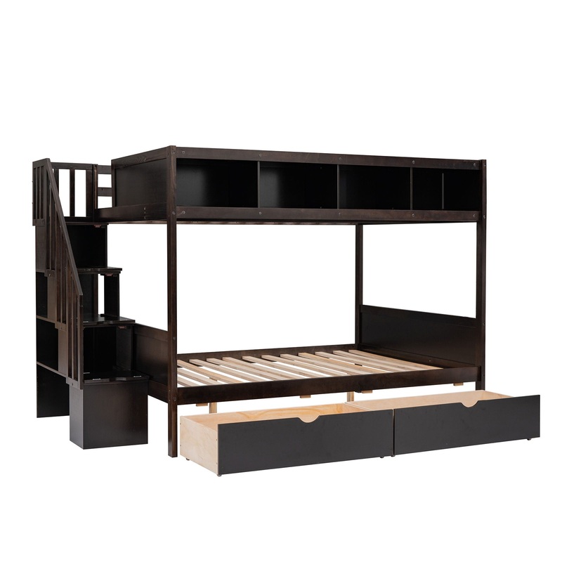Twin Over Full Bunk Bed With Shelfs, Storage Staircase And 2 Drawers – Espresso