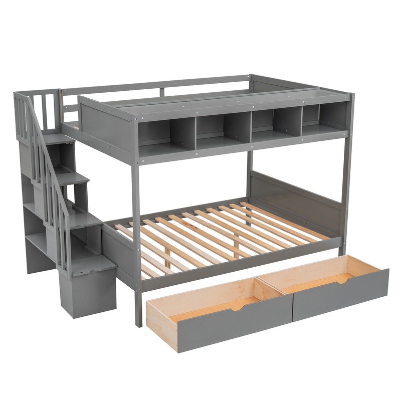 Twin Over Full Bunk Bed With Shelfs, Storage Staircase And 2 Drawers – Gray