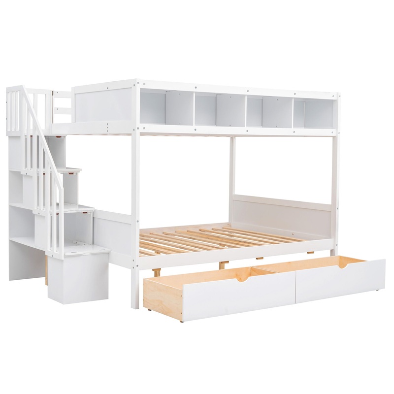 Twin Over Full Bunk Bed With Shelfs, Storage Staircase And 2 Drawers – White