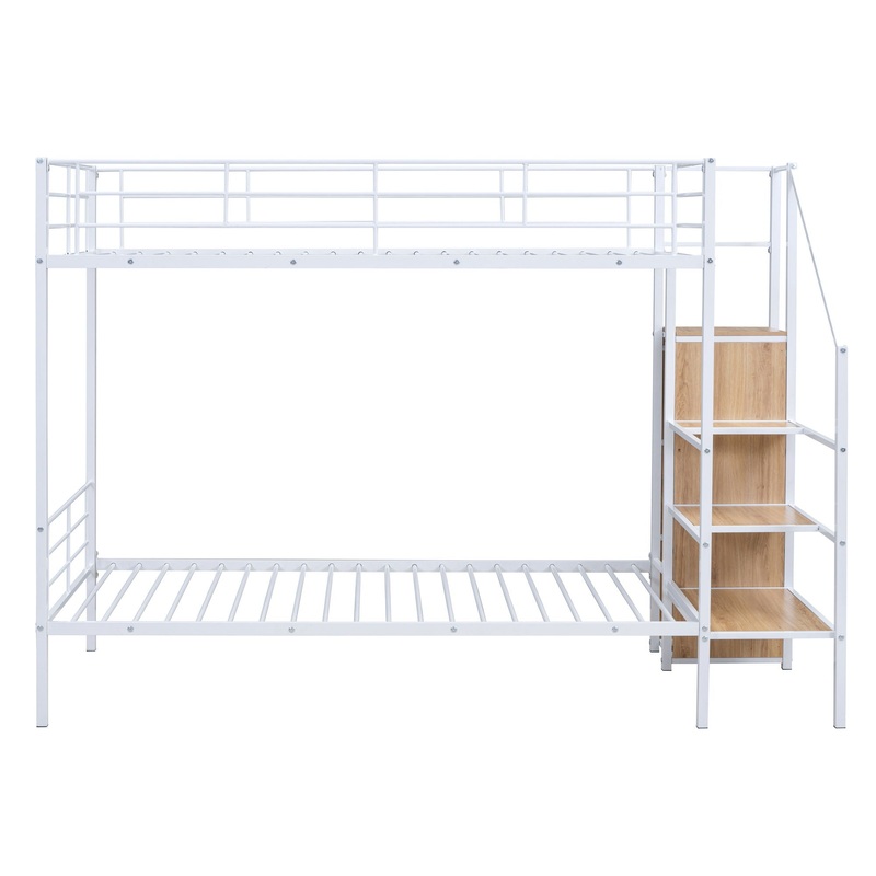Twin Over Twin Bunk Bed With Lateral Storage Ladder And Wardrobe – White
