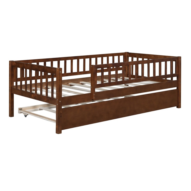Twin Size Daybed With Trundle And Fence Guardrails – Walnut