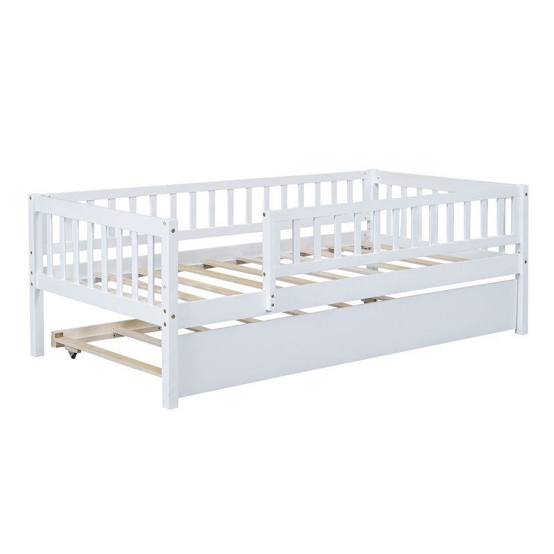 Twin Size Daybed With Trundle And Fence Guardrails – White