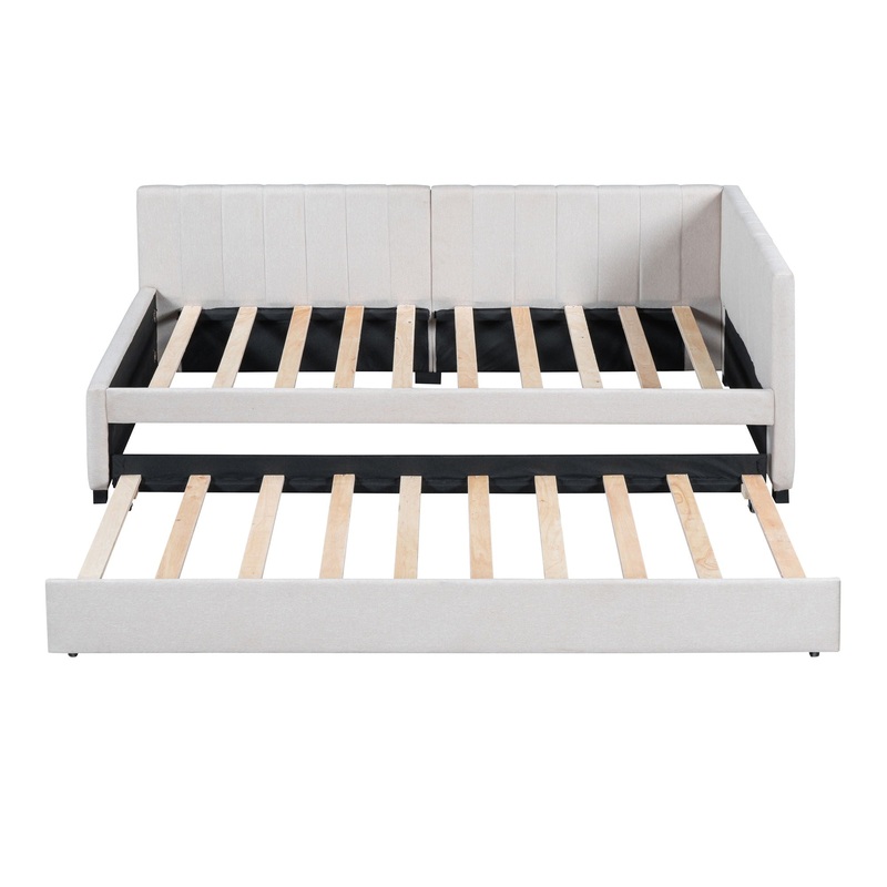 Twin Size Sofa Bed Upholstered Daybed With Trundle Frame No Box Spring Needed, Linen – Beige
