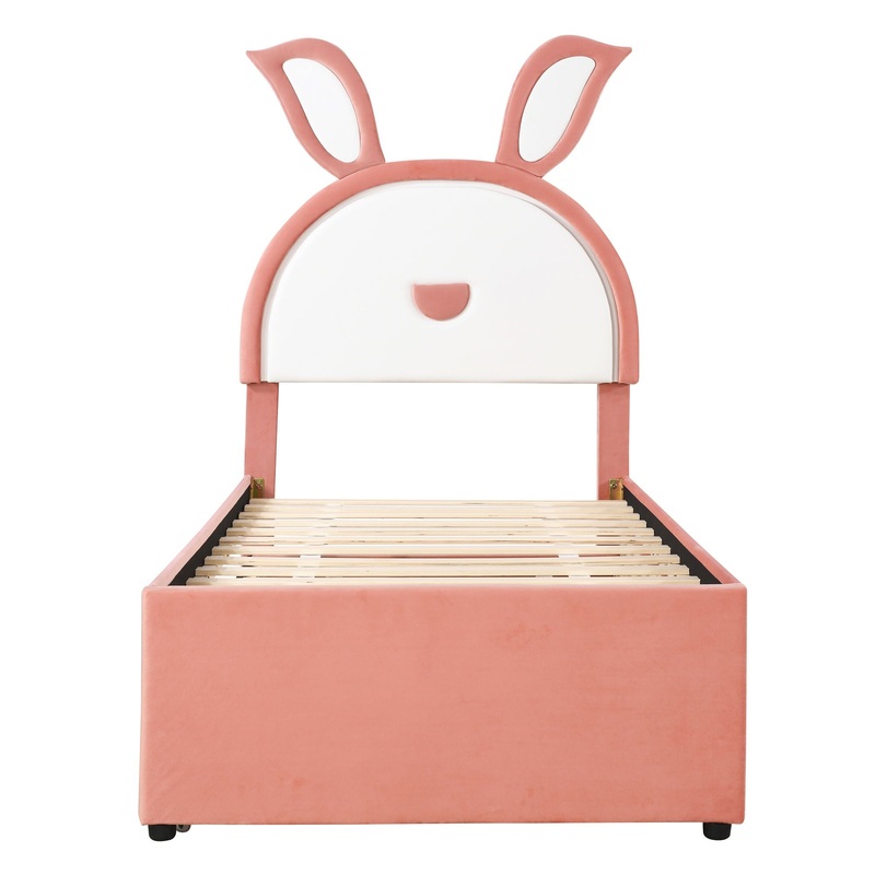 Twin Size Upholstered Platform Bed With Trundle And 3 Drawers, Rabbit-Shaped Headboard With Embedded LED Lights – Pink