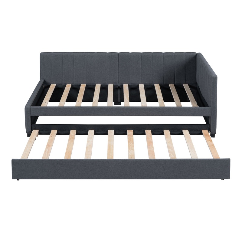 Upholstered Daybed With Trundle Twin Size Sofa Bed Frame No Box Spring Needed, Linen – Gray