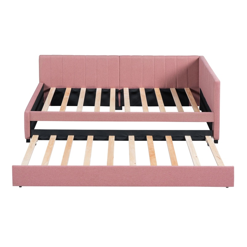 Upholstered Daybed With Trundle Twin Size Sofa Bed Frame No Box Spring Needed, Linen – Pink