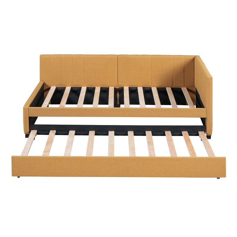 Upholstered Daybed With Trundle Twin Size Sofa Bed Frame No Box Spring Needed, Linen – Yellow