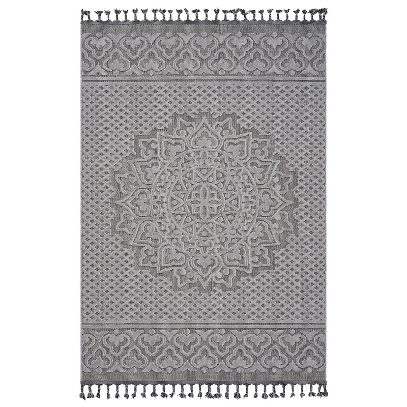 Guros – 4′ X 6′ Medallion Indoor / Outdoor Area Rug – Gray / White