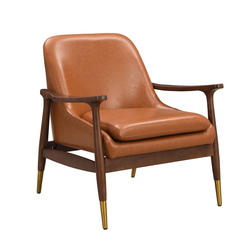 Mid – Century Accent Chair With Cushioned Seat, Brass Tipped Legs
