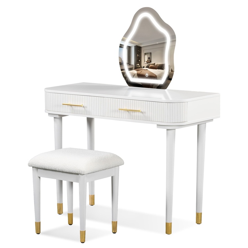 Modern Vanity Table Set With Mirror Touch Screen Lighted Mirror, Dressing Table And Cushioned Stool Set With 2 Large Drawers – White