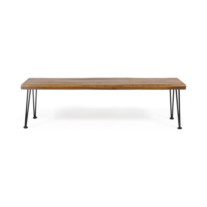 Zion – Industrial Wood And Metal Rectangular Bench With Faux Live Edge Design – Teak