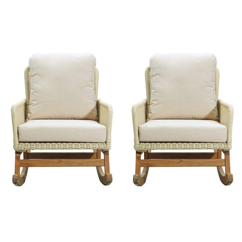 Contemporary Minimalist Wicker Rocking Chair Set With Soft Polyester Cushions And Durable Wooden Frame For Indoor And Outdoor Spaces – Ivory