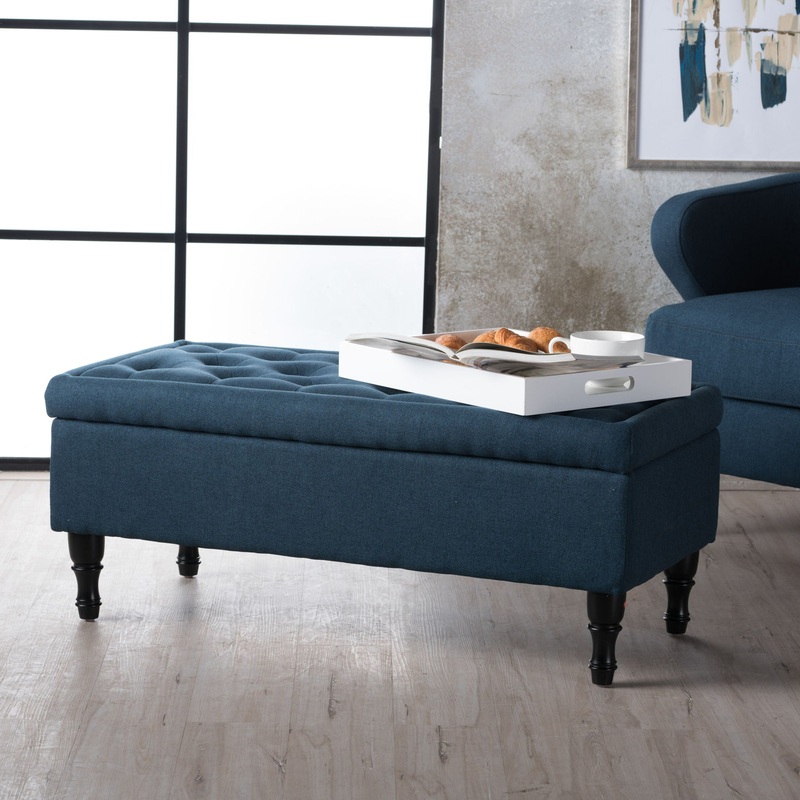 Hyatt – Suede Storage Ottoman With Tufted Top And Dark Wooden Legs – Navy Blue