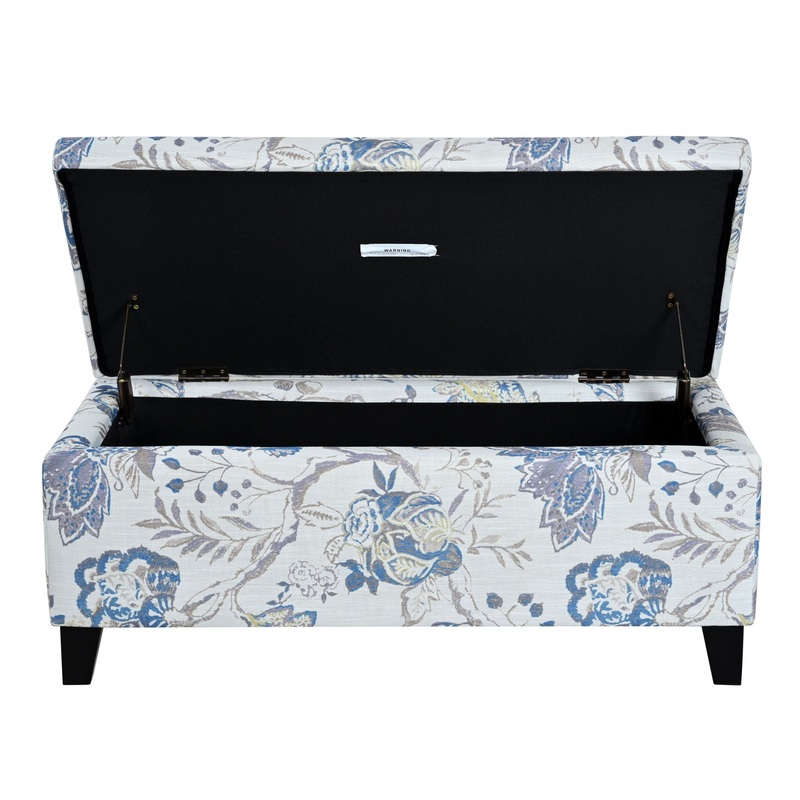 Luxury Storage Ottoman With Floral Patterned Fabric, Soft Close Hinges, Functional Footrest & Seat – Blue Flower / Blue Multi
