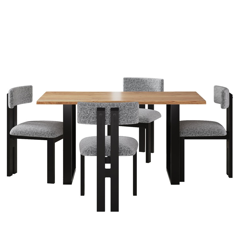 Mid Century 5 Piece Dining Set With Upholstered Metal Leg Chairs And Solid Wood Top Table – Black / White / Natural