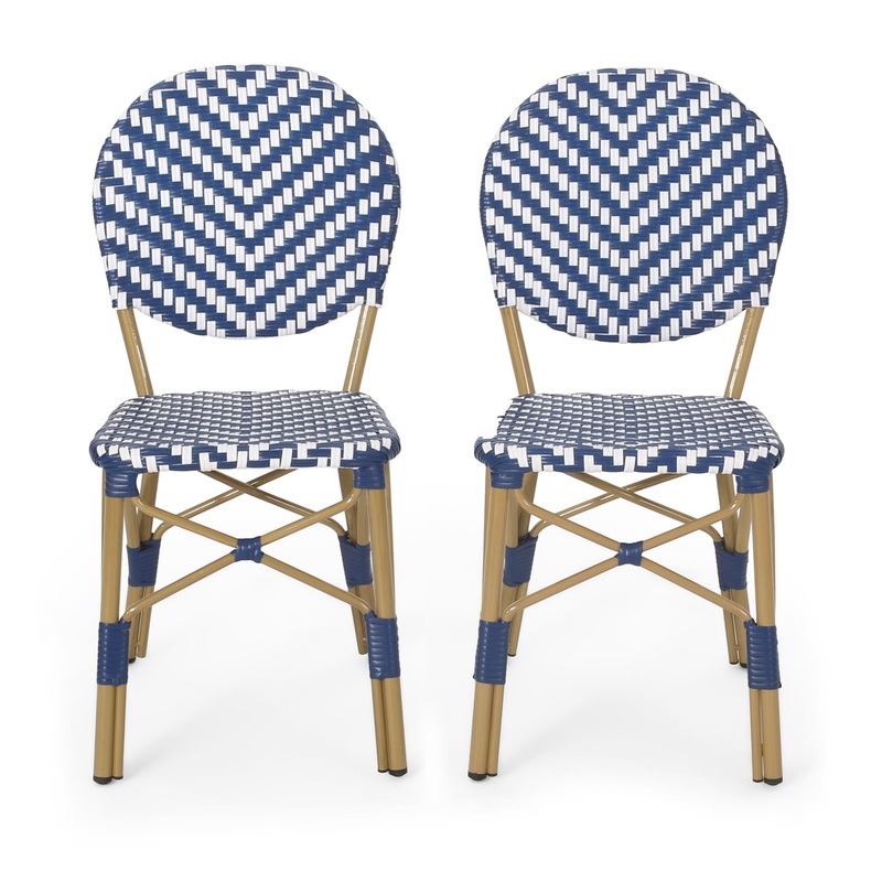 Outdoor Rattan And Aluminum French Armless Bistro Chairs Set – Navy Blue