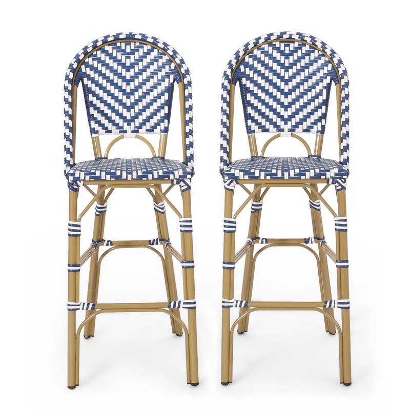 Outdoor Rattan French Barstool Set,, Bamboo, Seat Height – Navy Blue / White
